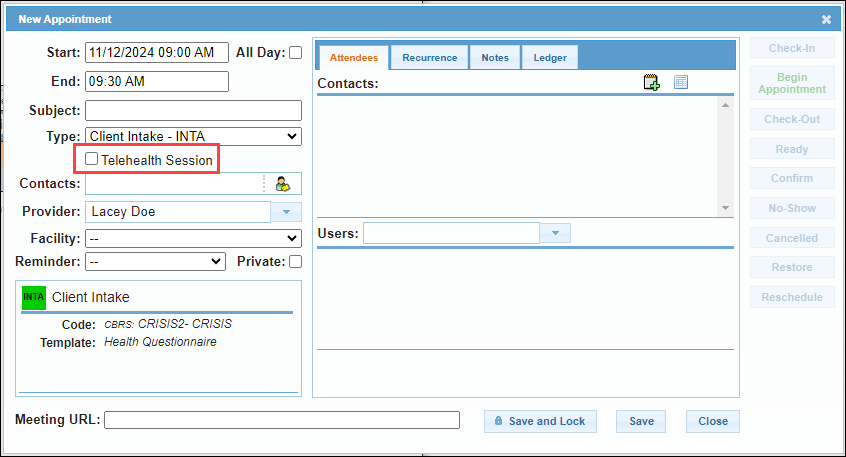 Telehealth Sessions checkbox