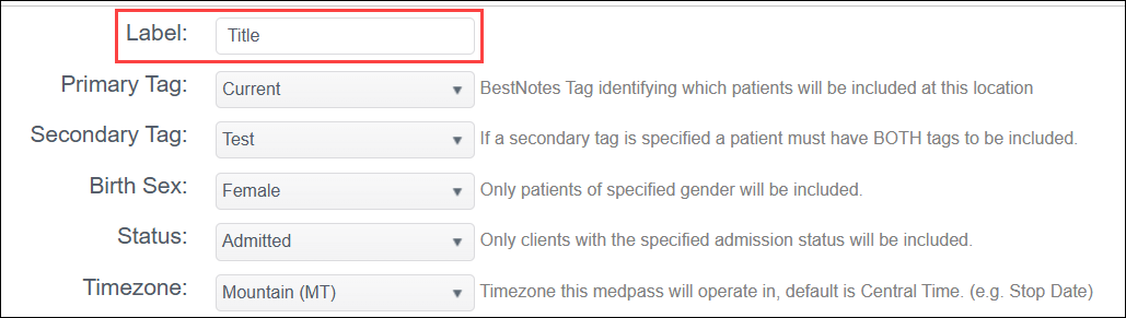 Screenshot showing the label field