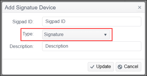 Screenshot showing Sigpad Type selection