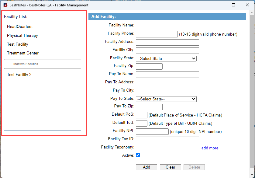 Screenshot showing the Facility List on the left.