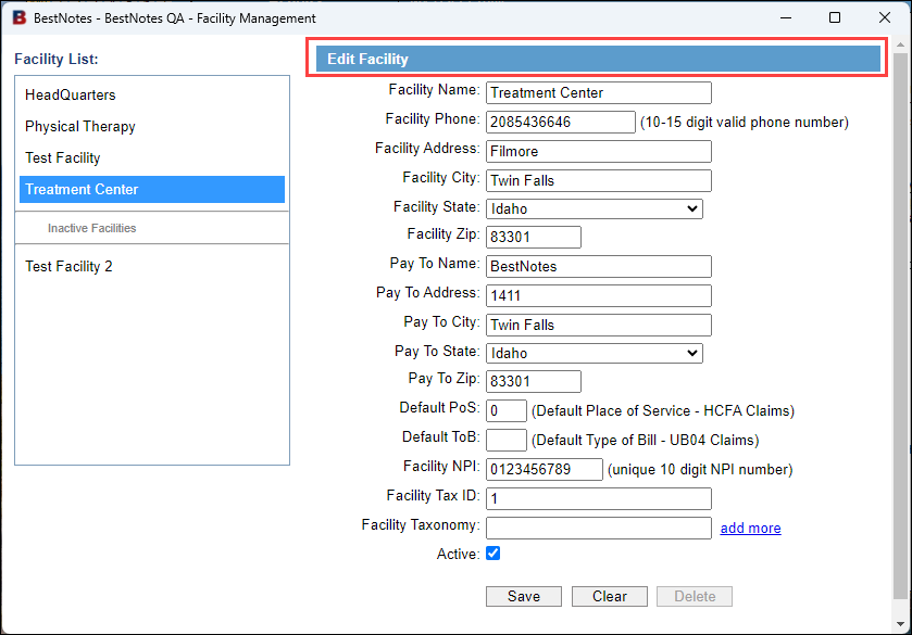 Screenshot showing the Edit Facility form.