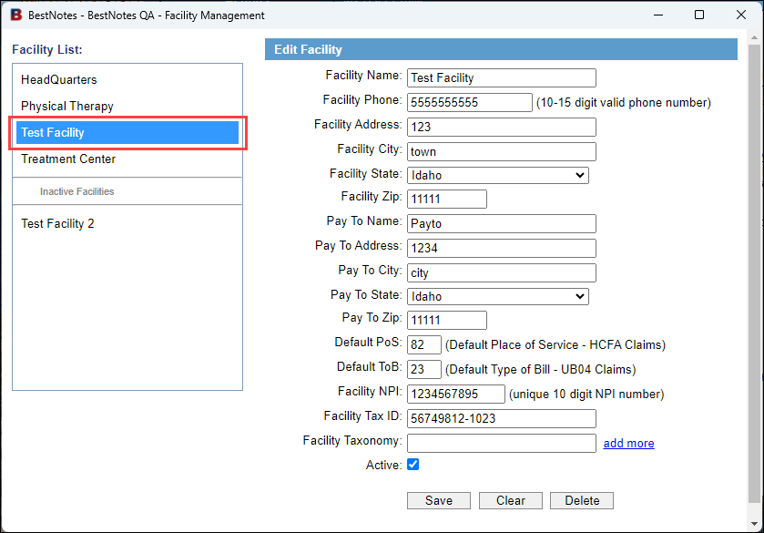 Screenshot showing a facility selected in the list.