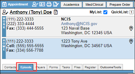 Screenshot showing the Episode tab in a client's chart.
