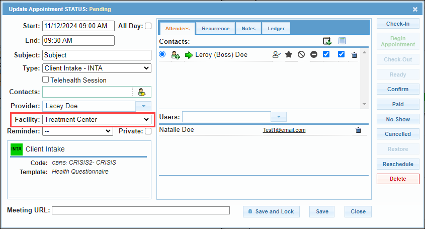 Screenshot showing the Facility drop-down in an appointment.