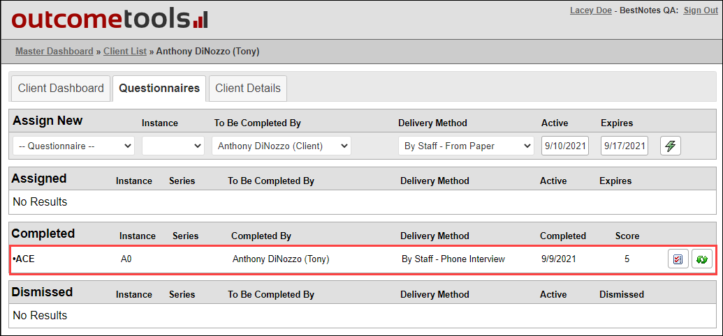 Screenshot showing a questionnaire row selected for editing.