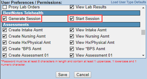 User permissions for telehealth