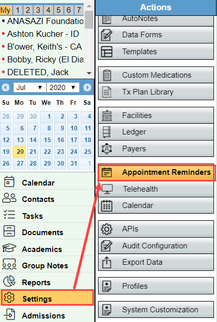 Appointment Reminders settings navigation
