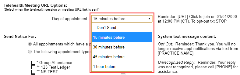 Telehealth URL options dropdown
