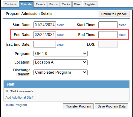 End Date and End Time fields