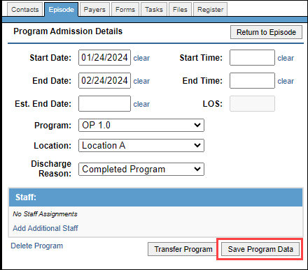 Save Program Data button