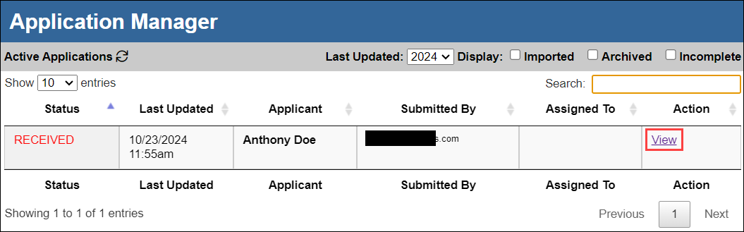 Application Manager screen