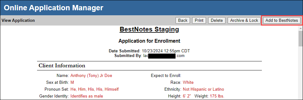 Add to BestNotes button highlighted
