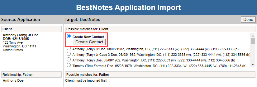 Create New Contact button highlighted