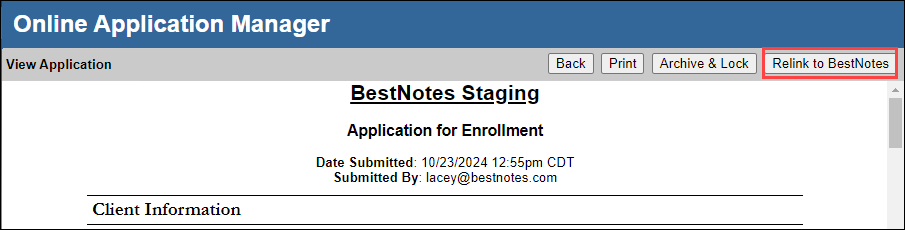 Relink to BestNotes button indicating import