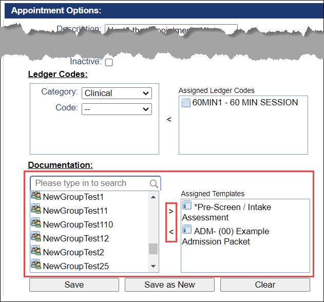 Screenshot demonstrating how to add and remove documents from an appointment type.