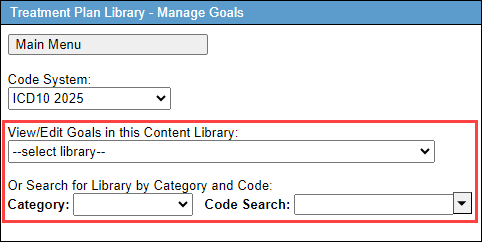 Screenshot showing options to select content library or search by category and code.