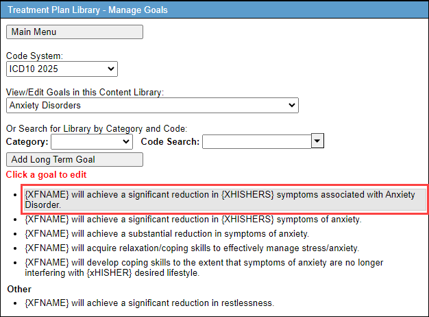 Screenshot showing an existing goal selected for editing.