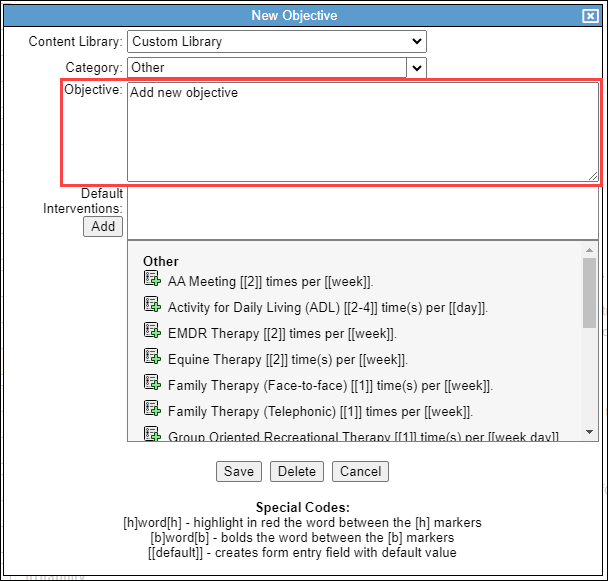 Screenshot showing 'Objective' text area.