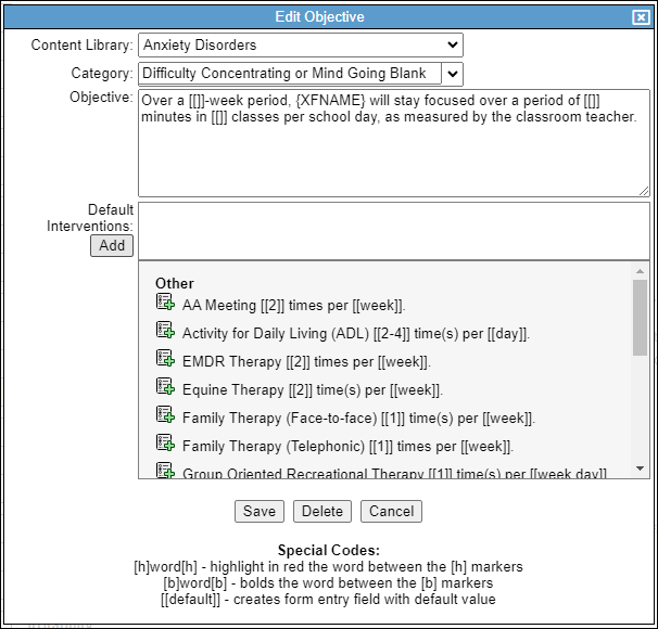 Screenshot showing objective editing.