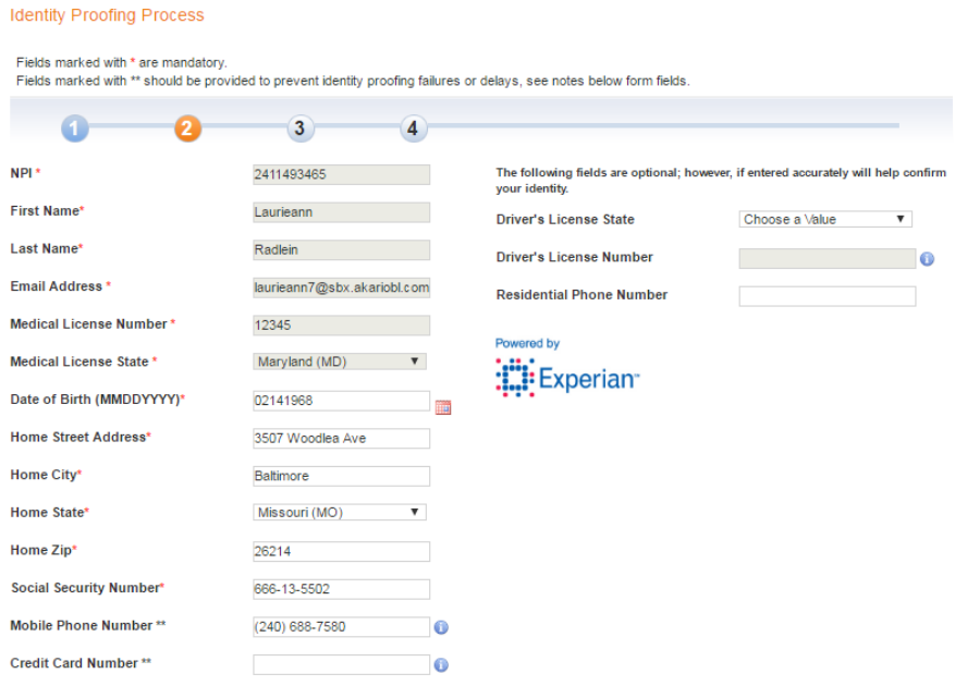 Screenshot of InfinID personal information entry form.