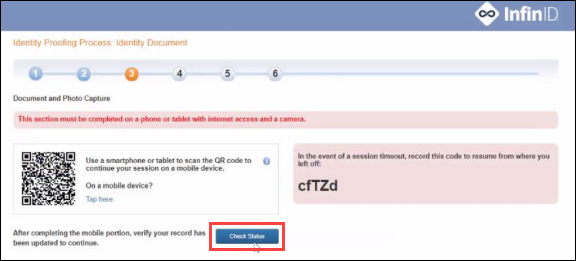 Screenshot of InfinID screen with 'Check Status' button.
