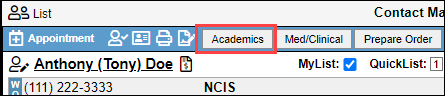 Screenshot showing the Academics button