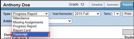 Screenshot showing Transcript selected in the Type dropdown