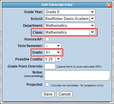 Screenshot showing fields for Class and Projected Grade
