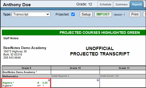 Screenshot showing a projected grade highlighted