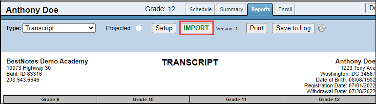 Screenshot showing the Import button