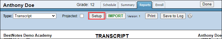 Screenshot showing the Setup button