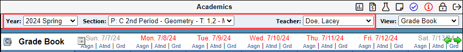 Teacher, Section, and Year selection fields