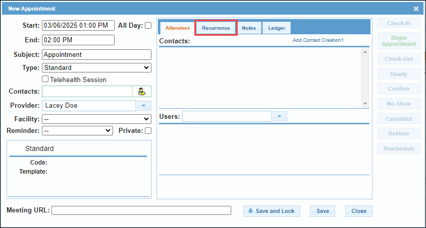 Screenshot showing the Recurrence tab within an appointment.