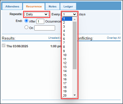 Screenshot showing daily recurrence options.