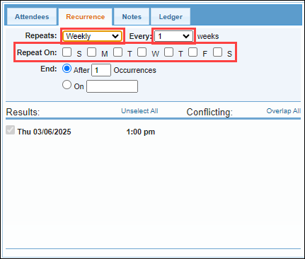 Screenshot showing weekly recurrence options with day checkboxes.