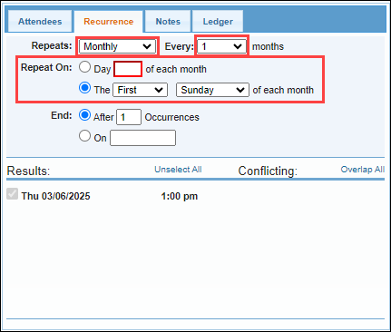 Screenshot showing monthly recurrence options.