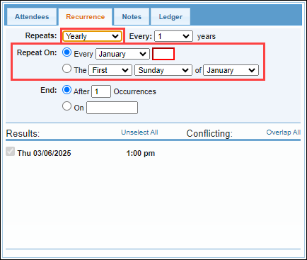Screenshot showing yearly recurrence options.