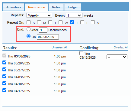 Screenshot showing recurrence end options.