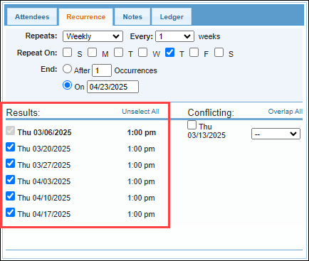 Screenshot showing recurrence results with checkboxes.