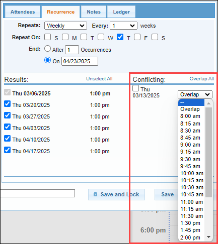 Screenshot showing conflicting appointments and options to overlap or choose a different time.