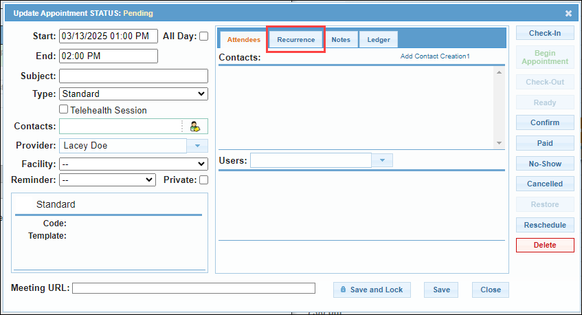 Screenshot showing the Recurrence tab for an existing appointment.