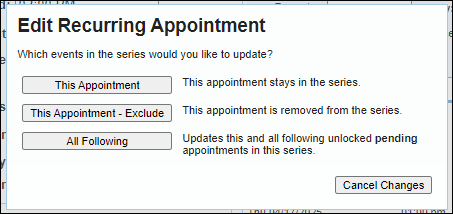 Screenshot of the prompt when saving changes to a recurring appointment.