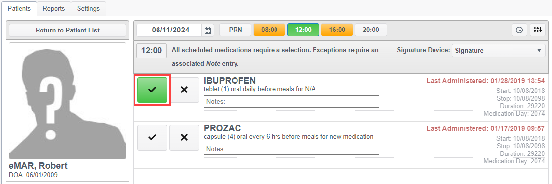 Administer medication checkbox