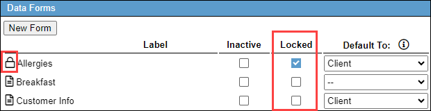 Screenshot showing the 'Locked' checkbox for a Data Form.
