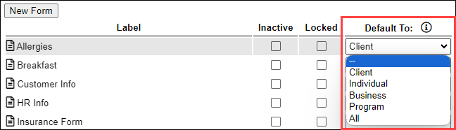 Screenshot showing the 'Default To' dropdown for a Data Form.