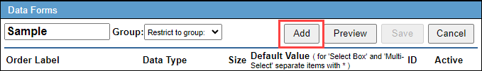 Screenshot showing the 'Add' button for adding a field to a Data Form.