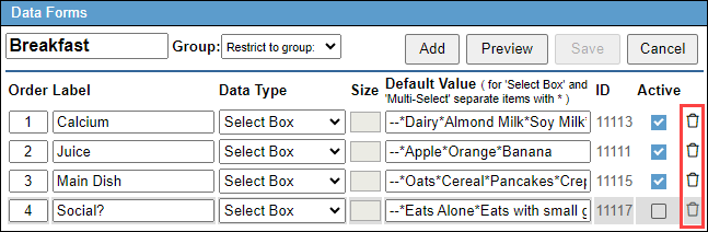 Screenshot showing the trash can icon to delete a field.