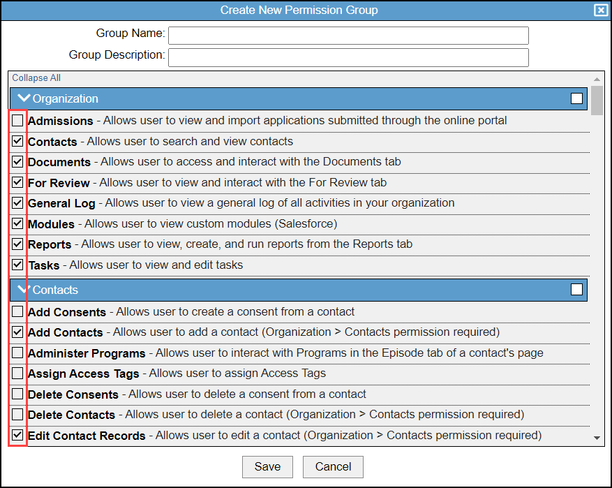 Permission checkboxes