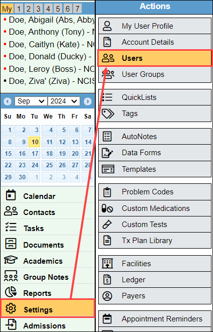 Settings and Users menu selection