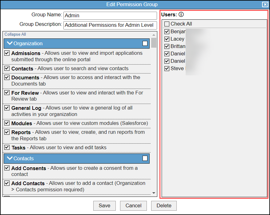 Users column showing applied users